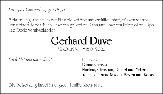 Traueranzeige von Gerhard Duve von Gesamtausgabe Nürnberger Nachrichten/ Nürnberger Ztg.
