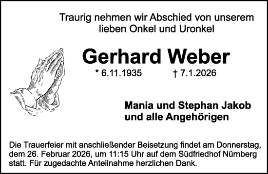 Traueranzeige von Gerhard Weber von Gesamtausgabe Nürnberger Nachrichten/ Nürnberger Ztg.