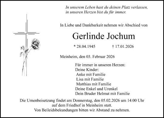 Traueranzeige von Gerlinde Jochum von Altmühl-Bote Lokal