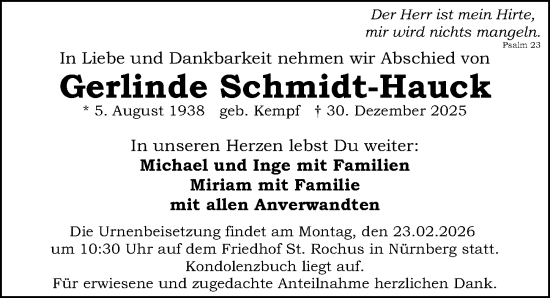 Traueranzeige von Gerlinde Schmidt-Hauck von Gesamtausgabe Nürnberger Nachrichten/ Nürnberger Ztg.