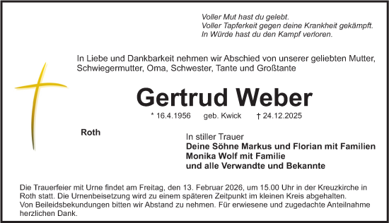 Traueranzeige von Gertrud Weber von Roth-Hilpoltsteiner Volkszeitung Lokal