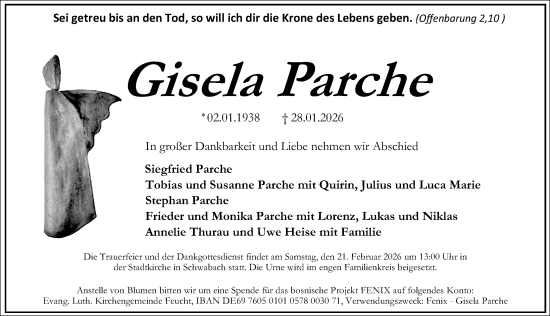 Traueranzeige von Gisela Parche von Schwabacher Tagblatt Lokal
