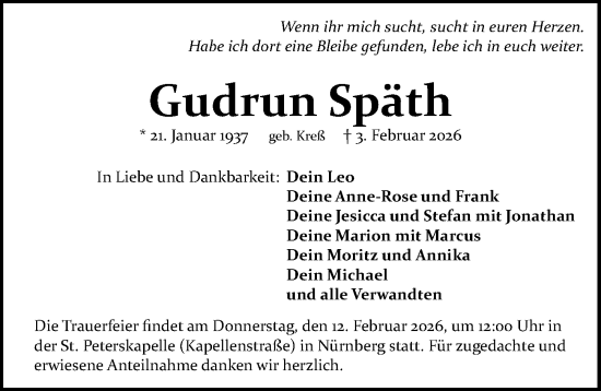 Traueranzeige von Gudrun Späth von Gesamtausgabe Nürnberger Nachrichten/ Nürnberger Ztg.