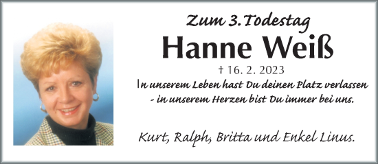 Traueranzeige von Hanne Weiß von Gesamtausgabe Nürnberger Nachrichten/ Nürnberger Ztg.