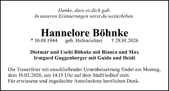 Traueranzeige von Hannelore Böhnke von Gesamtausgabe Nürnberger Nachrichten/ Nürnberger Ztg.