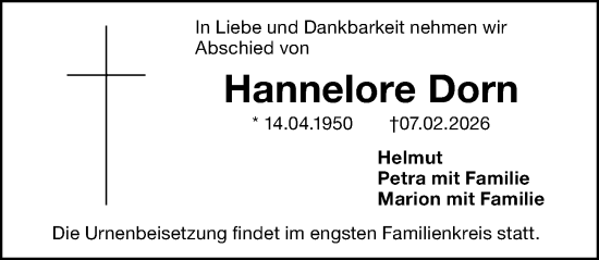 Traueranzeige von Hannelore Dorn von Gesamtausgabe Nürnberger Nachrichten/ Nürnberger Ztg.