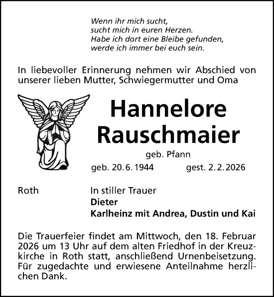 Traueranzeige von Hannelore Rauschmaier von Roth-Hilpoltsteiner Volkszeitung Lokal