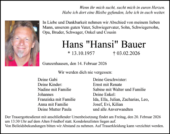 Traueranzeige von Hans Bauer von Altmühl-Bote Lokal