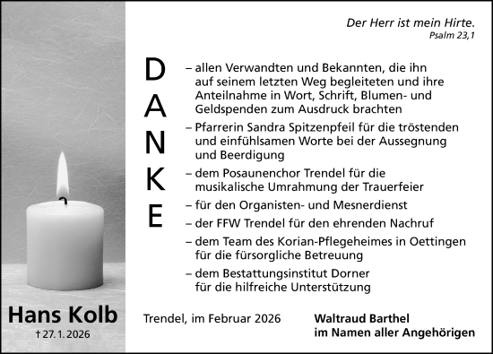 Traueranzeige von Hans Kolb von Altmühl-Bote Lokal