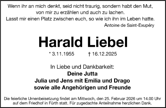 Traueranzeige von Harald Liebel von Fürther Nachrichten Lokal