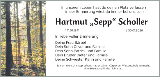 Traueranzeige von Hartmut Scholler von Gesamtausgabe Nürnberger Nachrichten/ Nürnberger Ztg.