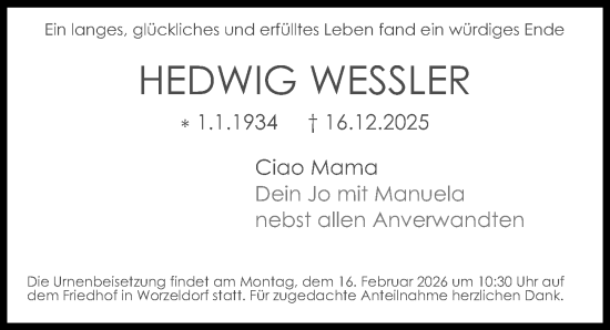 Traueranzeige von Hedwig Wessler von Gesamtausgabe Nürnberger Nachrichten/ Nürnberger Ztg.