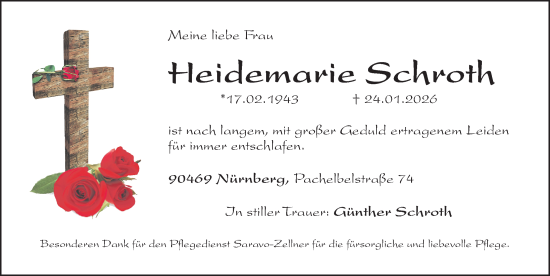Traueranzeige von Heidemarie Schroth von Gesamtausgabe Nürnberger Nachrichten/ Nürnberger Ztg.