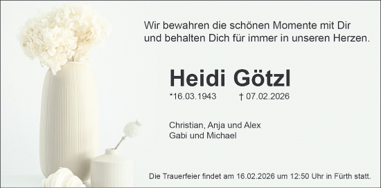 Traueranzeige von Heidi Götzl von Fürther Nachrichten Lokal