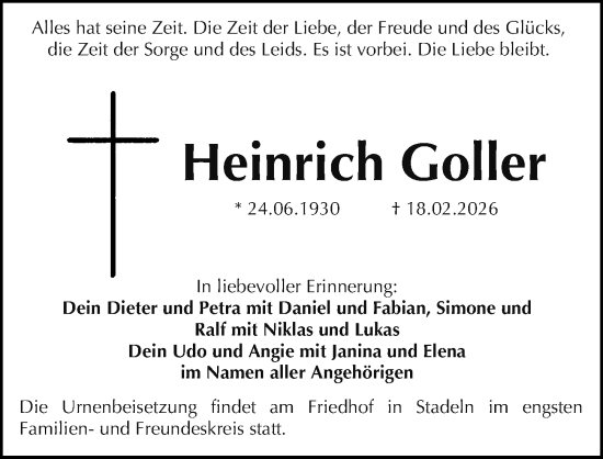 Traueranzeige von Heinrich Goller von Fürther Nachrichten Lokal