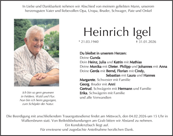 Traueranzeige von Heinrich Igel von Nordbayerische Nachrichten Forchheim Lokal