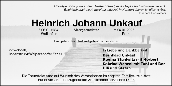 Traueranzeige von Heinrich Johann Unkauf von Schwabacher Tagblatt Lokal