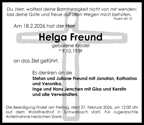 Traueranzeige von Helga Freund von Schwabacher Tagblatt Lokal