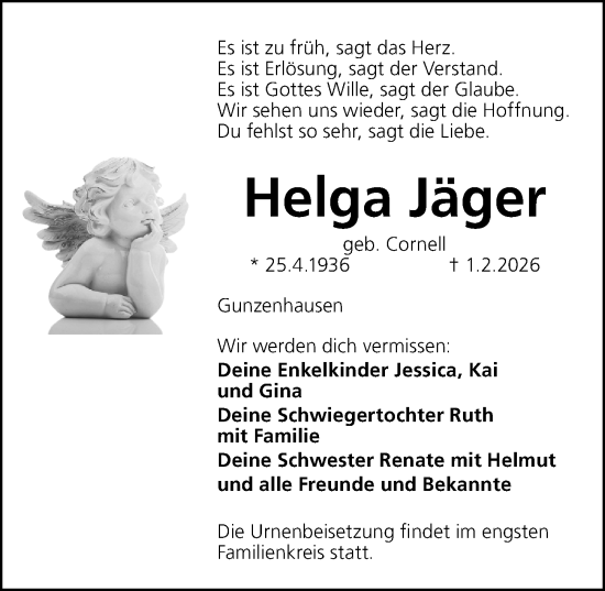 Traueranzeige von Helga Jäger von Altmühl-Bote Lokal
