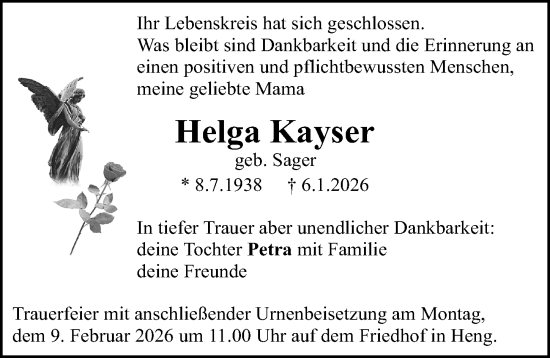 Traueranzeige von Helga Kayser von Gesamtausgabe Nürnberger Nachrichten/ Nürnberger Ztg.