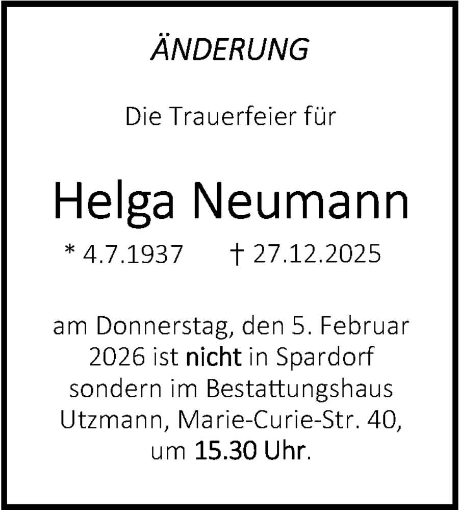  Traueranzeige für Helga Neumann vom 04.02.2026 aus Erlanger Nachrichten Lokal