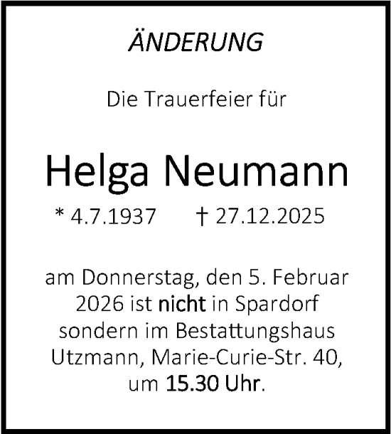 Traueranzeige von Helga Neumann von Erlanger Nachrichten Lokal