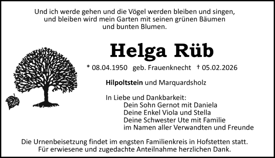 Traueranzeige von Helga Rüb von Gesamtausgabe Nürnberger Nachrichten/ Nürnberger Ztg.
