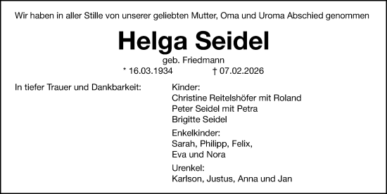 Traueranzeige von Helga Seidel von Gesamtausgabe Nürnberger Nachrichten/ Nürnberger Ztg.
