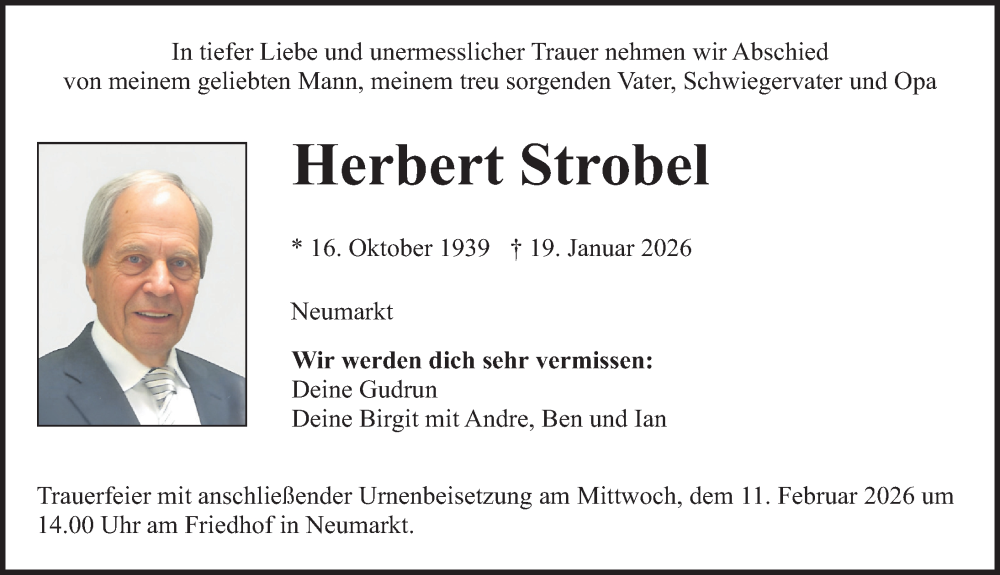  Traueranzeige für Herbert Strobel vom 07.02.2026 aus Neumarkter Nachrichten Lokal