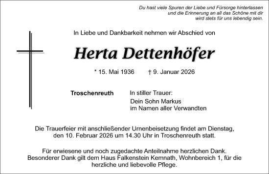 Traueranzeige von Herta Dettenhöfer von Nordbayerische Nachrichten Pegnitz Lokal