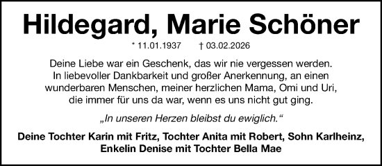 Traueranzeige von Hildegard, Marie Schöner von Neumarkter Nachrichten Lokal