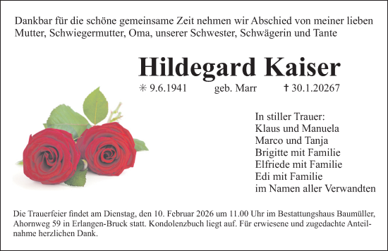 Traueranzeige von Hildegard Kaiser von Erlanger Nachrichten Lokal