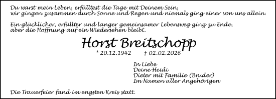 Traueranzeige von Horst Breitschopp von Gesamtausgabe Nürnberger Nachrichten/ Nürnberger Ztg.