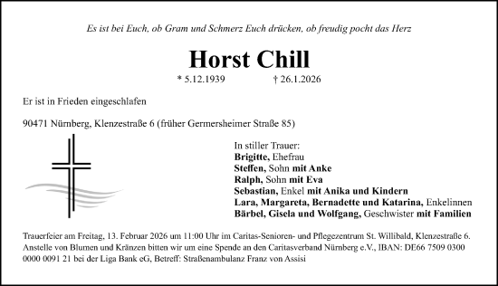 Traueranzeige von Horst Chill von Gesamtausgabe Nürnberger Nachrichten/ Nürnberger Ztg.