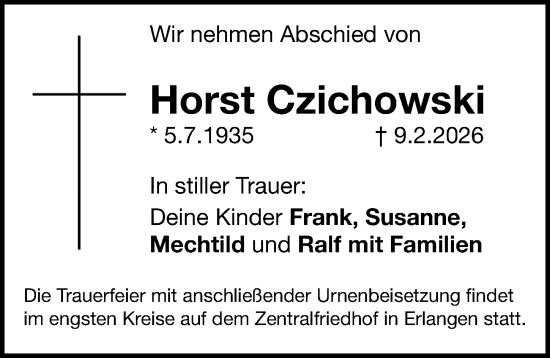 Traueranzeige von Horst Czichowski von Erlanger Nachrichten Lokal