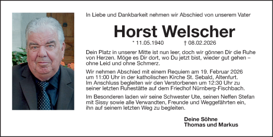 Traueranzeige von Horst Welscher von Gesamtausgabe Nürnberger Nachrichten/ Nürnberger Ztg.