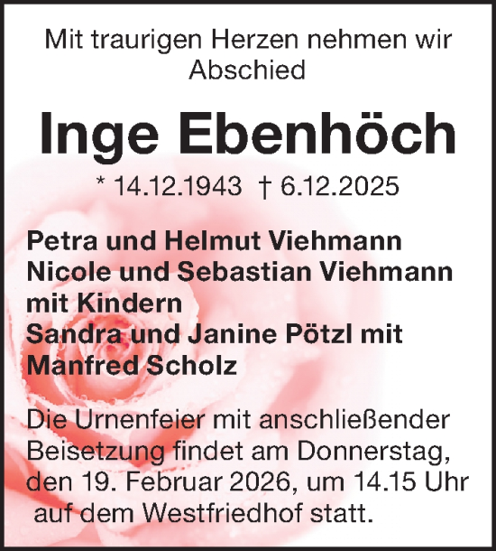 Traueranzeige von Inge Ebenhöch von Gesamtausgabe Nürnberger Nachrichten/ Nürnberger Ztg.