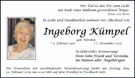 Traueranzeige von Ingeborg Kümpel von Gesamtausgabe Nürnberger Nachrichten/ Nürnberger Ztg.