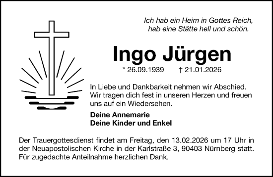 Traueranzeige von Ingo Jürgen von Gesamtausgabe Nürnberger Nachrichten/ Nürnberger Ztg.