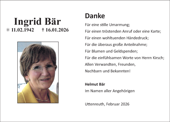 Traueranzeige von Ingrid Bär von Erlanger Nachrichten Lokal