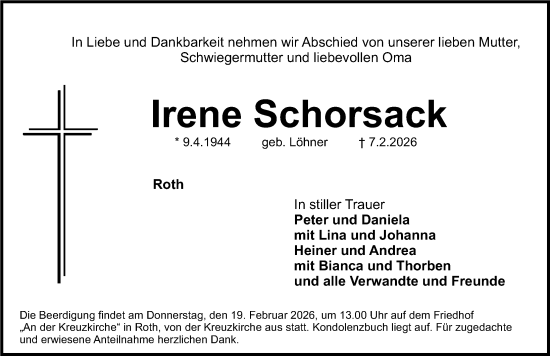 Traueranzeige von Irene Schorsack von Roth-Hilpoltsteiner Volkszeitung Lokal