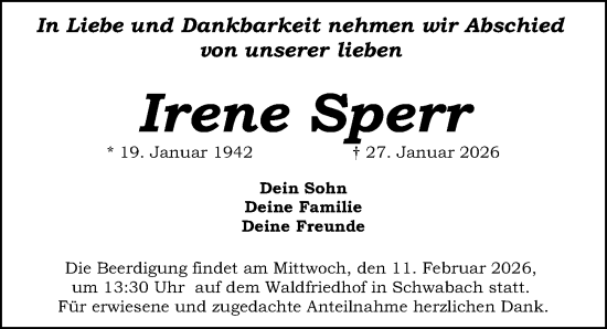 Traueranzeige von Irene Sperr von Schwabacher Tagblatt Lokal