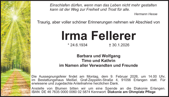 Traueranzeige von Irma Fellerer von Erlanger Nachrichten Lokal
