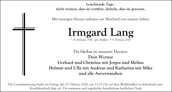 Traueranzeige von Irmgard Lang von Schwabacher Tagblatt Lokal