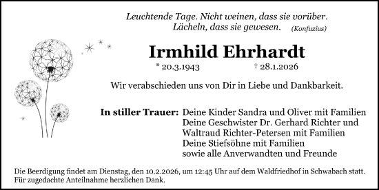 Traueranzeige von Irmhild Ehrhardt von Schwabacher Tagblatt Lokal