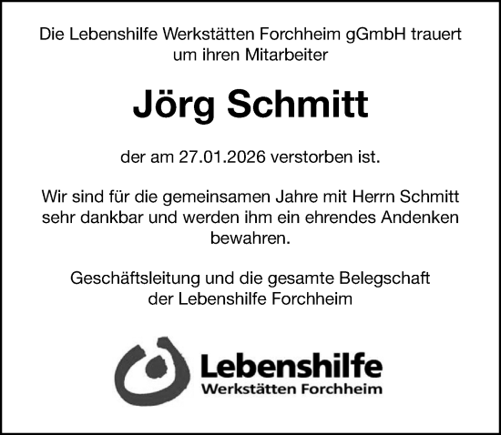 Traueranzeige von Jörg Schmitt von Nordbayerische Nachrichten Forchheim Lokal