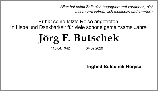 Traueranzeige von Jörg F. Butschek von Gesamtausgabe Nürnberger Nachrichten/ Nürnberger Ztg.