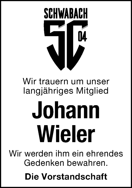 Traueranzeige von Johann Wieler von Schwabacher Tagblatt Lokal