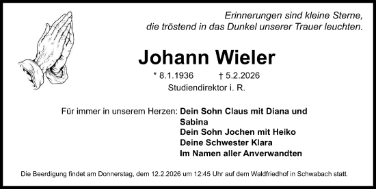 Traueranzeige von Johann Wieler von Schwabacher Tagblatt Lokal