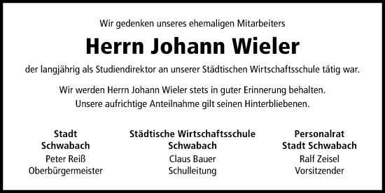 Traueranzeige von Johann Wieler von Schwabacher Tagblatt Lokal